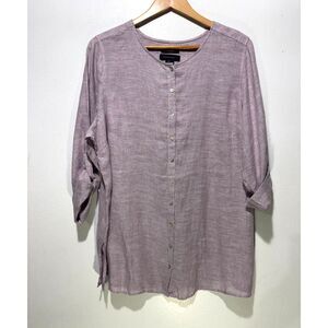 Tahari 100% linen button up shirt summer vacation resort muted purple women 1X